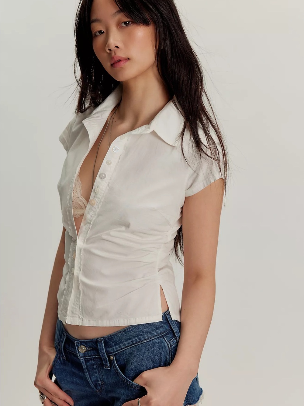 NWT Free People We The Free Maude Tiny Top White Ruched Button Down Shirt M